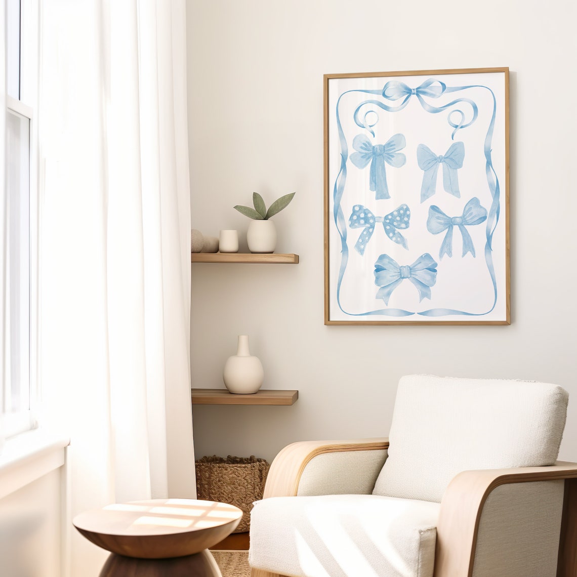 Light Blue Watercolor Bows Collection Ribbon Frame Trendy Art Poster - Image 2