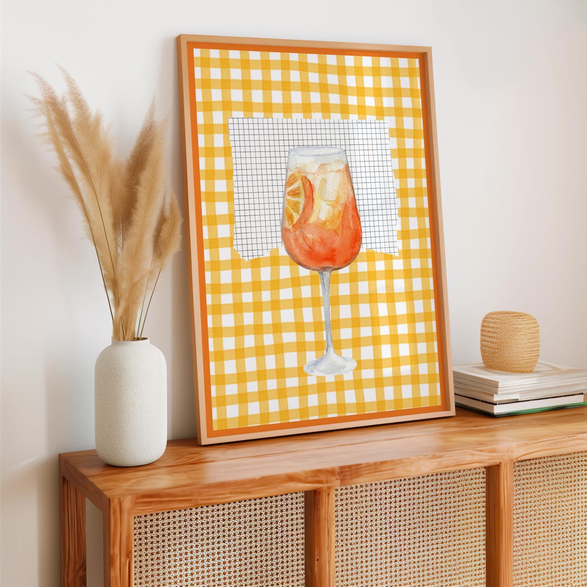 Aperol Spritz Orange Cocktail Watercolor Yellow Gingham Bar Poster - Image 2