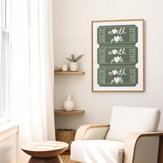 North Pole Ticket Print Trendy Christmas Print Funny Retro Festive Poster Holiday Decor Green Christmas Wall Decor