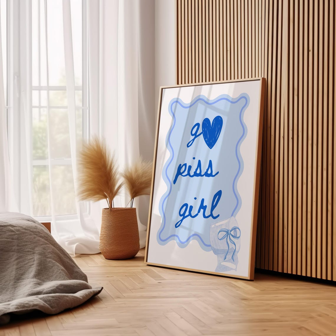 Go Piss Girl Blue Handwritten Heart Quote Wavy Frame Bathroom Poster - Image 3
