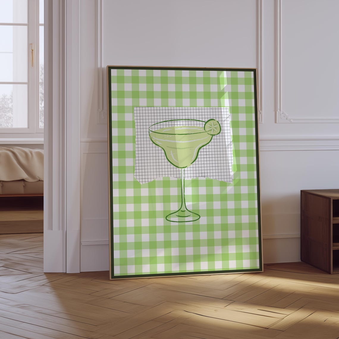 Lime Margarita Cocktail Watercolor Green Gingham Bar Cart Poster