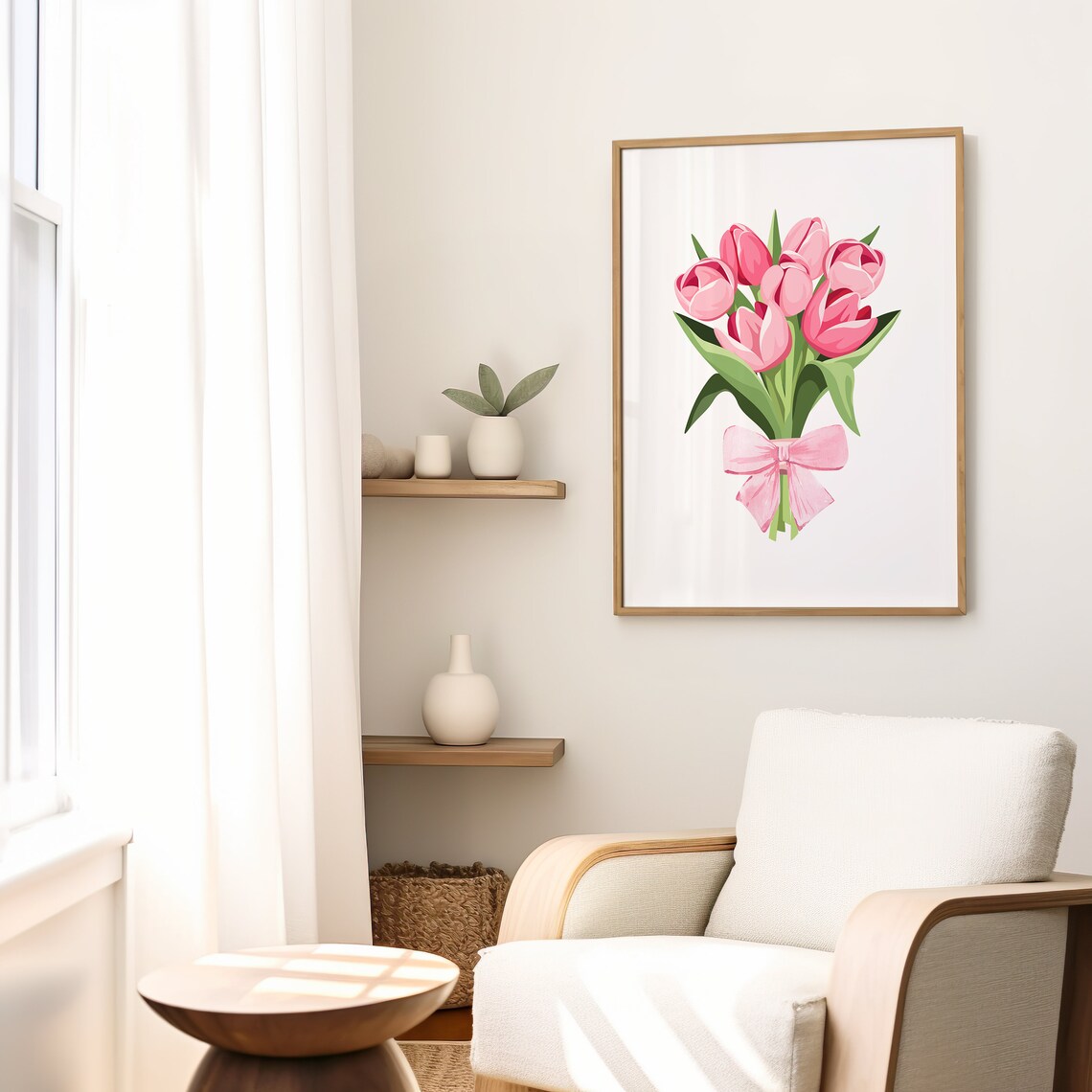 Pink Tulip Bouquet Tied With Bow Coquette Floral Bedroom Wall Art - Image 2
