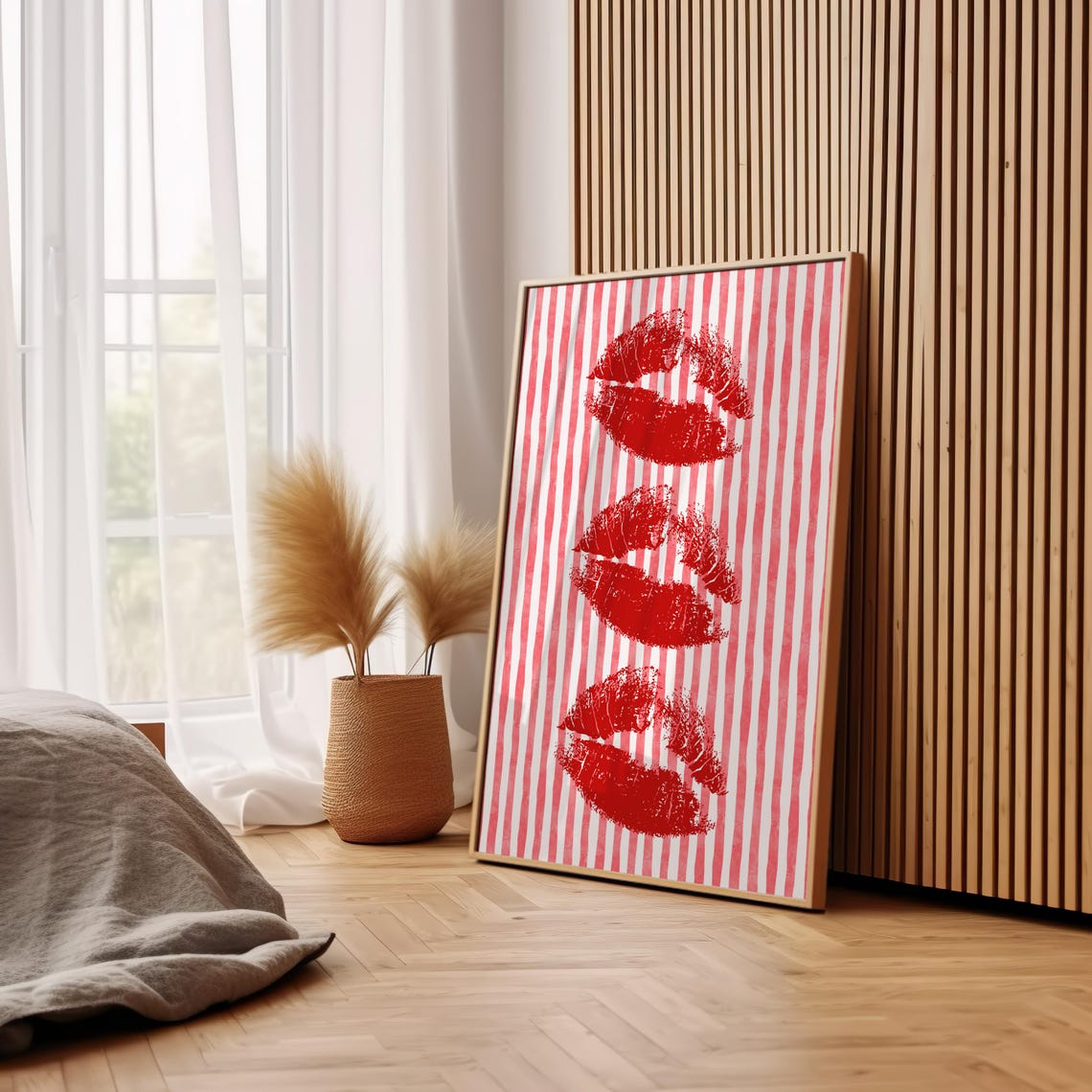 Red Lipstick Kiss Prints On Striped Background Retro Wall Art - Image 2