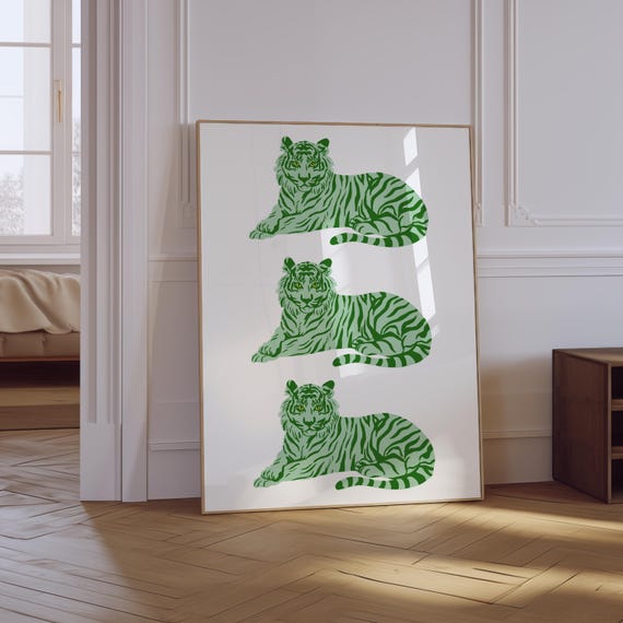 Tiger Prints Green Animal Print Trendy Green Apartment Decor Aesthetic Room Decor Trendy Retro Animal Poster Coastal Wall Art