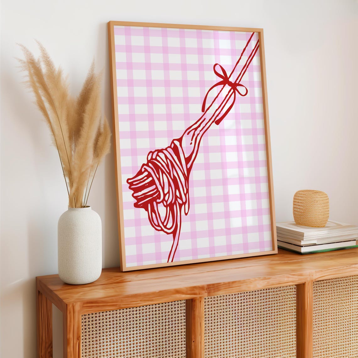 Red Spaghetti Twirl Fork Bow Pink Gingham Trendy Kitchen Food Poster - Image 2