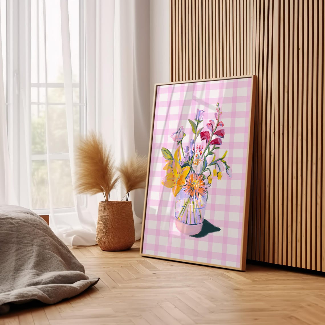 Pink Gingham Floral Still Life Watercolor Vase Bouquet Spring Print - Image 3