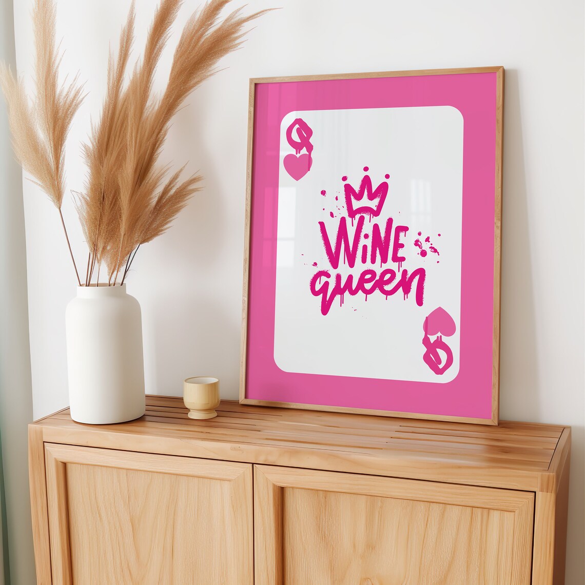 Wine Queen Pink Queen Of Hearts Playing Card Graffiti Crown Bar Cart Print - Image 3