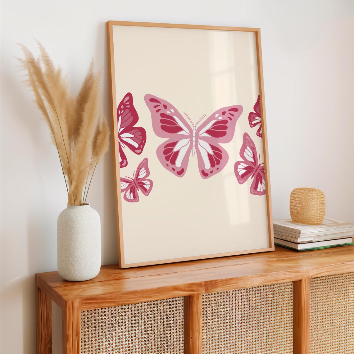 Pink Butterflies Cream Background Preppy Aesthetic Art Poster - Image 2