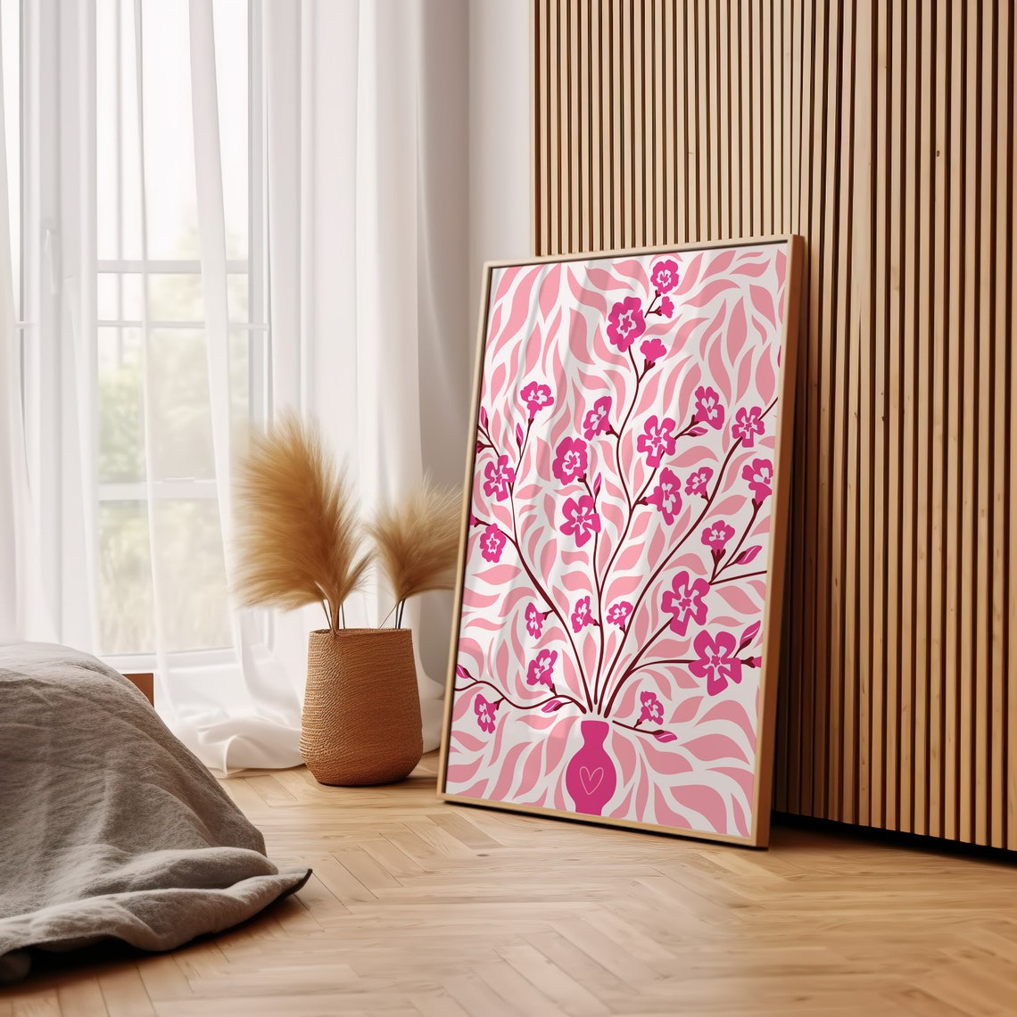 Pink Cherry Blossom Botanical Vase With Heart Retro Floral Wall Art - Image 3