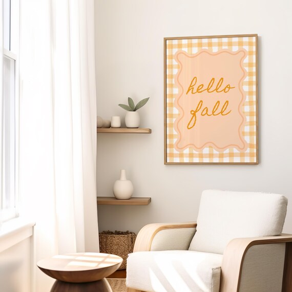 Hello Fall Script Autumn Gingham Check Cozy Farmhouse Quote Poster