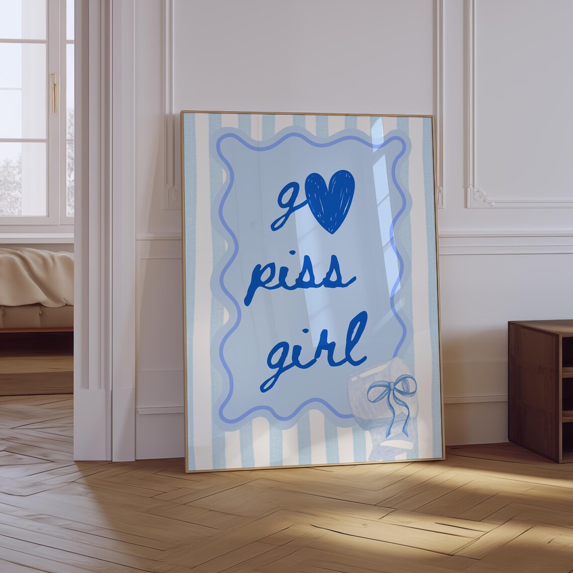 Go Piss Girl Blue Striped Handwritten Heart Quote Funny Bathroom Poster