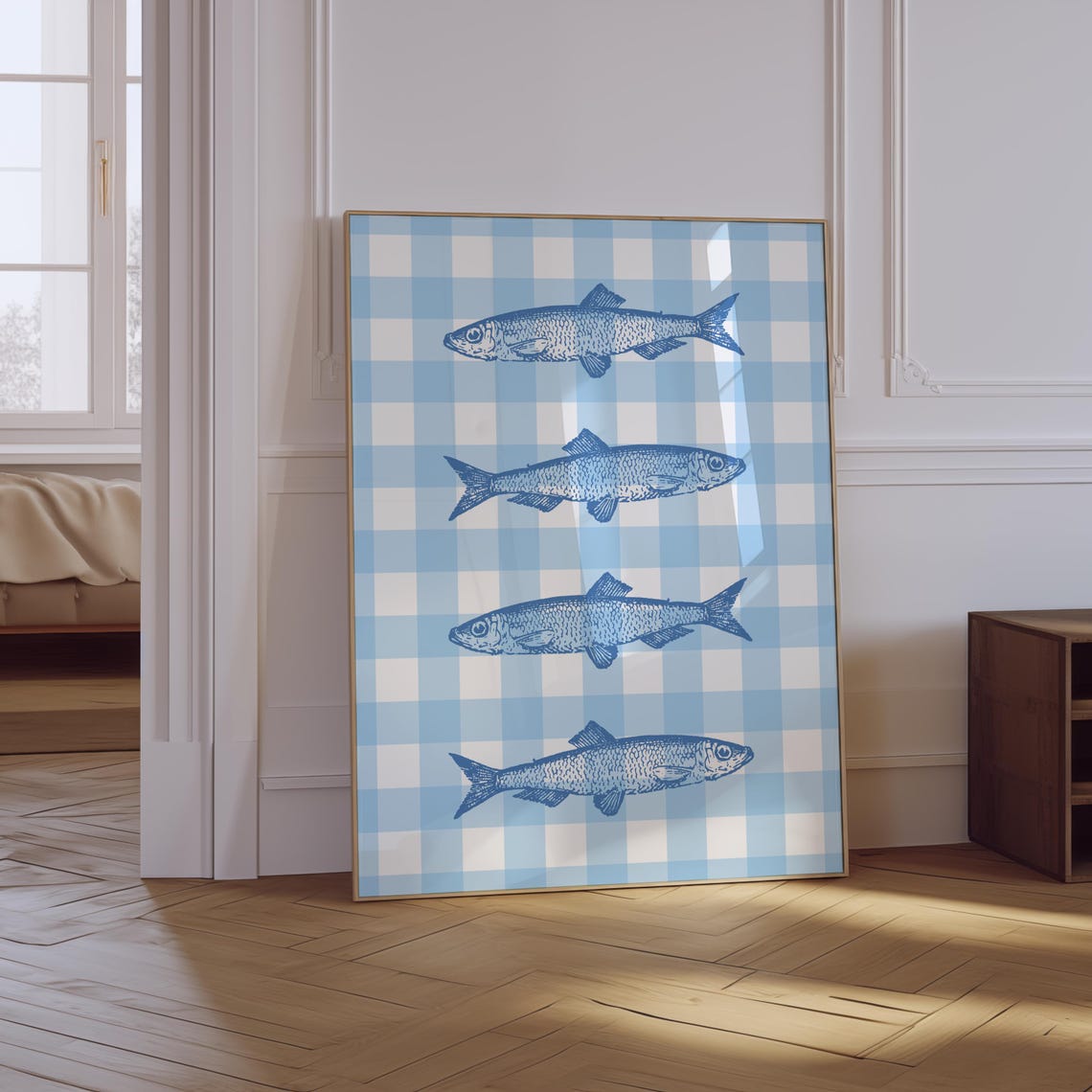 Blue Sardines Gingham Retro Fish Illustration Kitchen Poster