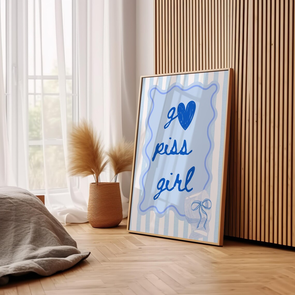 Go Piss Girl Blue Striped Handwritten Heart Quote Funny Bathroom Poster - Image 2