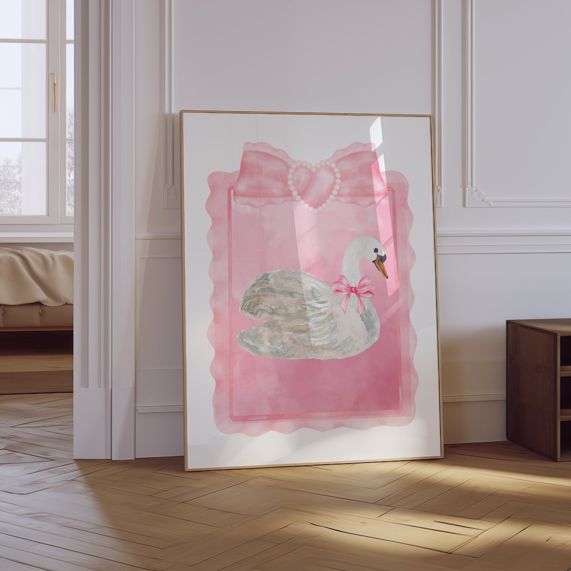 Pink Swan Watercolor Bow Pearl Heart Frame Balletcore Girls Poster