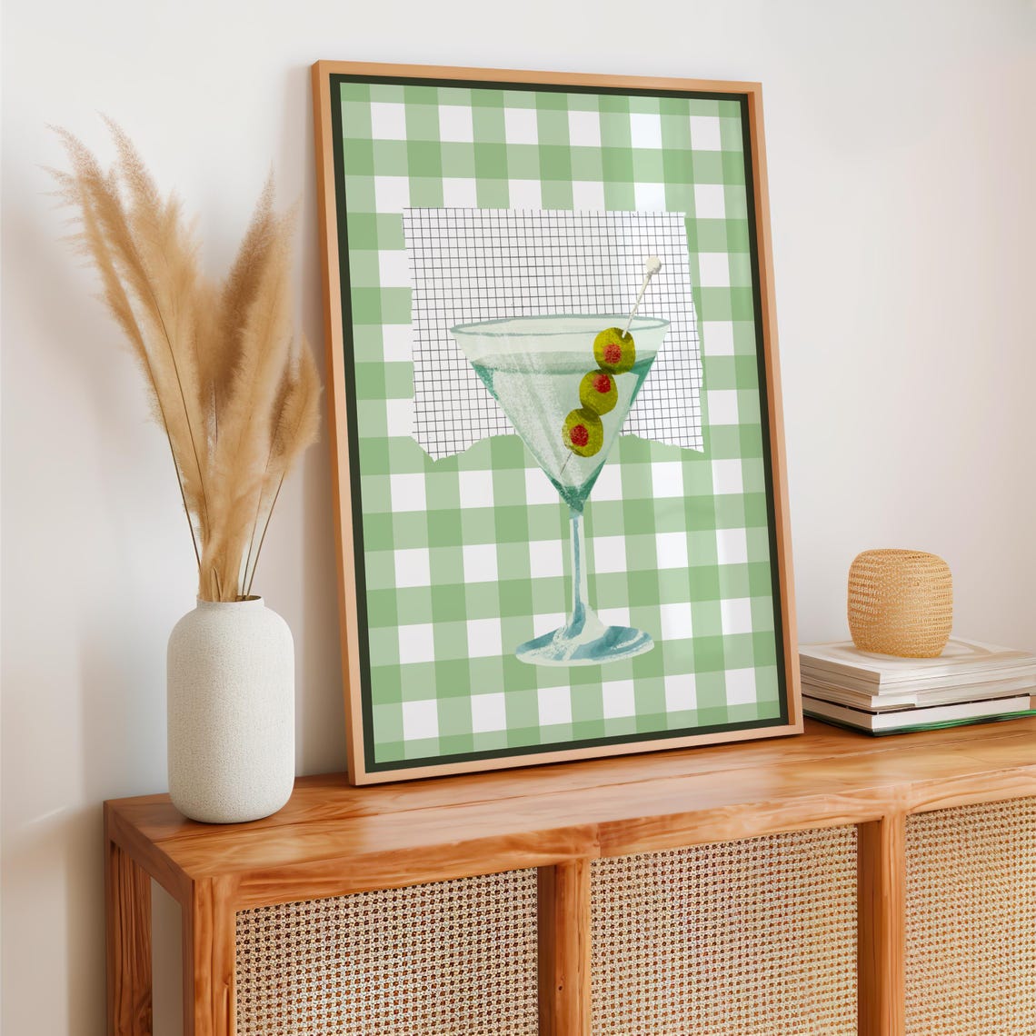 Extra Dirty Martini Olive Watercolor Green Gingham Bar Cart Poster - Image 2