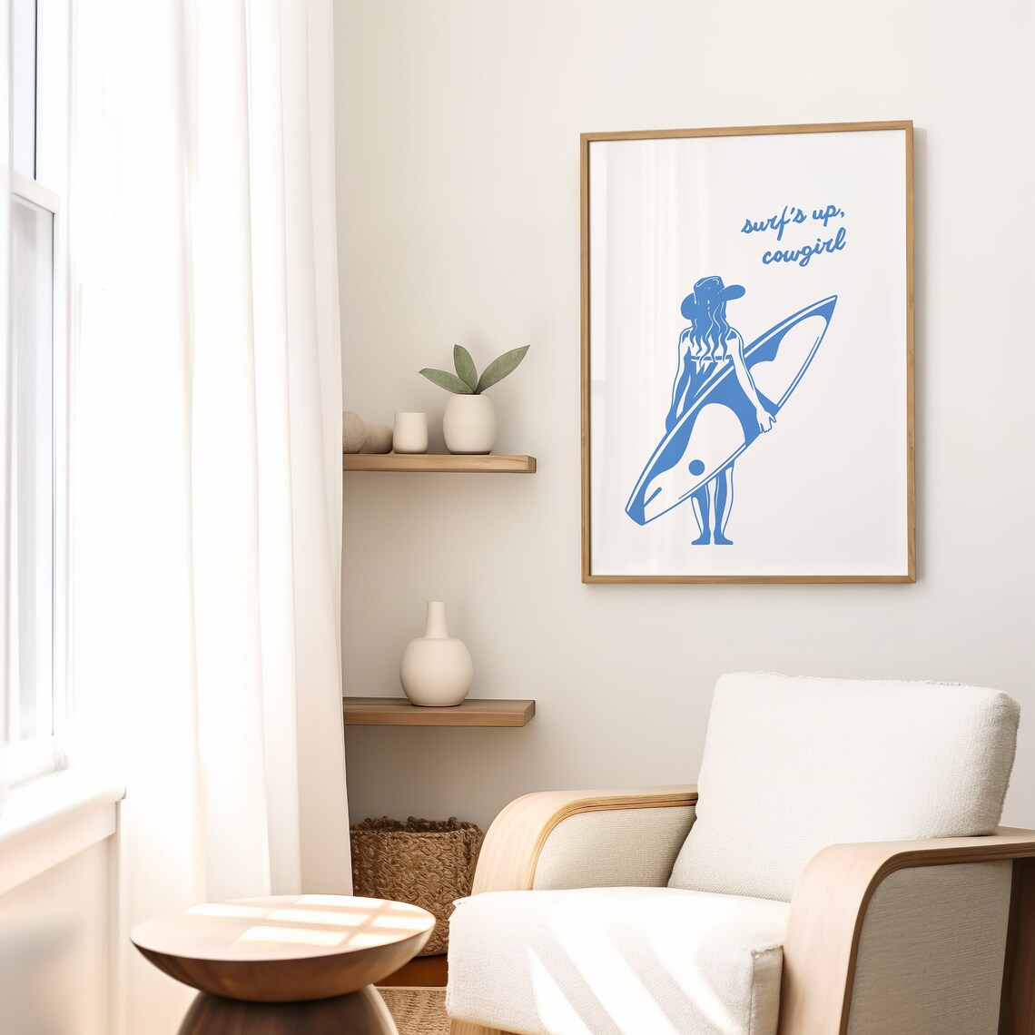 Surfs Up Cowgirl Surfer Silhouette Blue Coastal Western Poster - Image 2