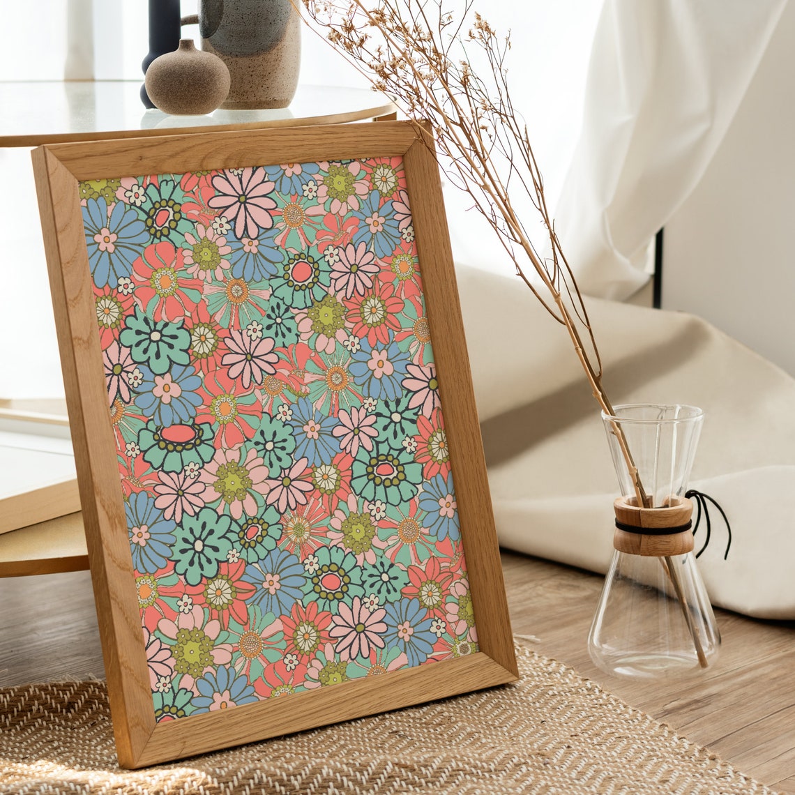 Retro Floral Pattern Art Print, 60s 70s Retro - Image 3