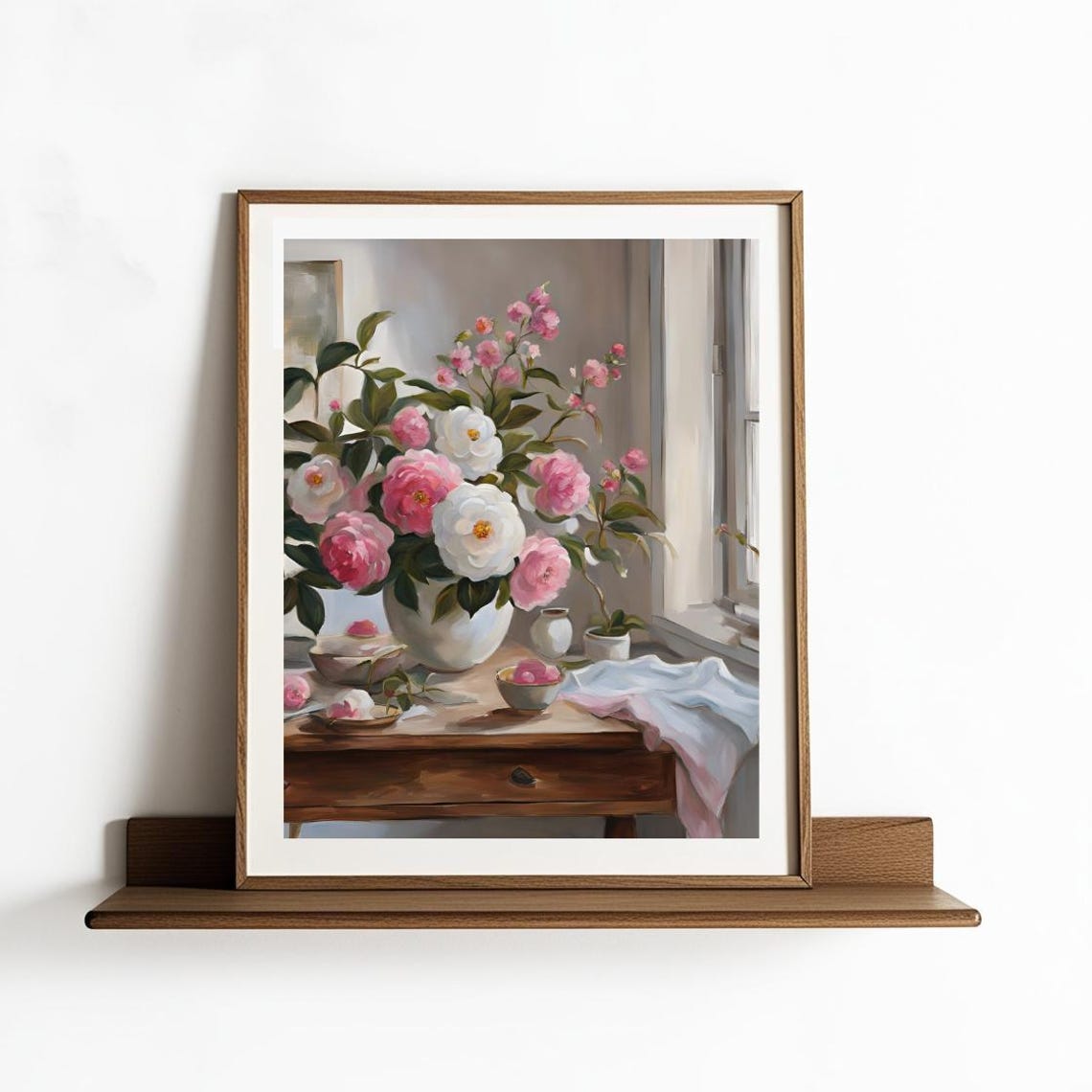 Pink Camellias in Vase by Window Impressionist Still Life Wall Art
