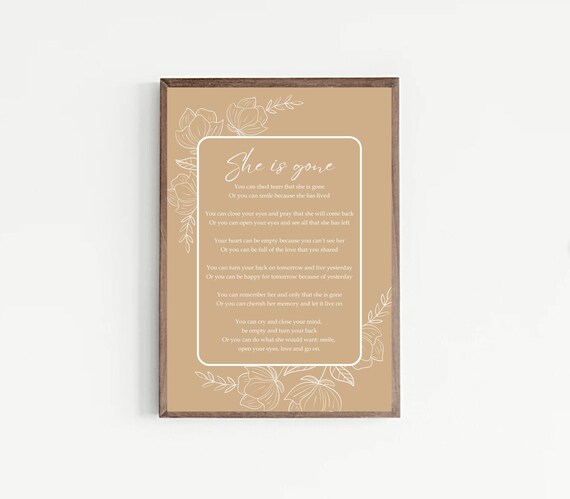 She Is Gone Beige Floral Line Art Elegant Memorial Poem Poster