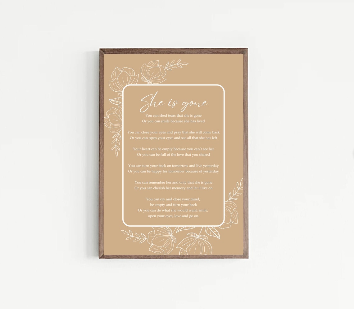 She Is Gone Beige Floral Line Art Elegant Memorial Poem Poster