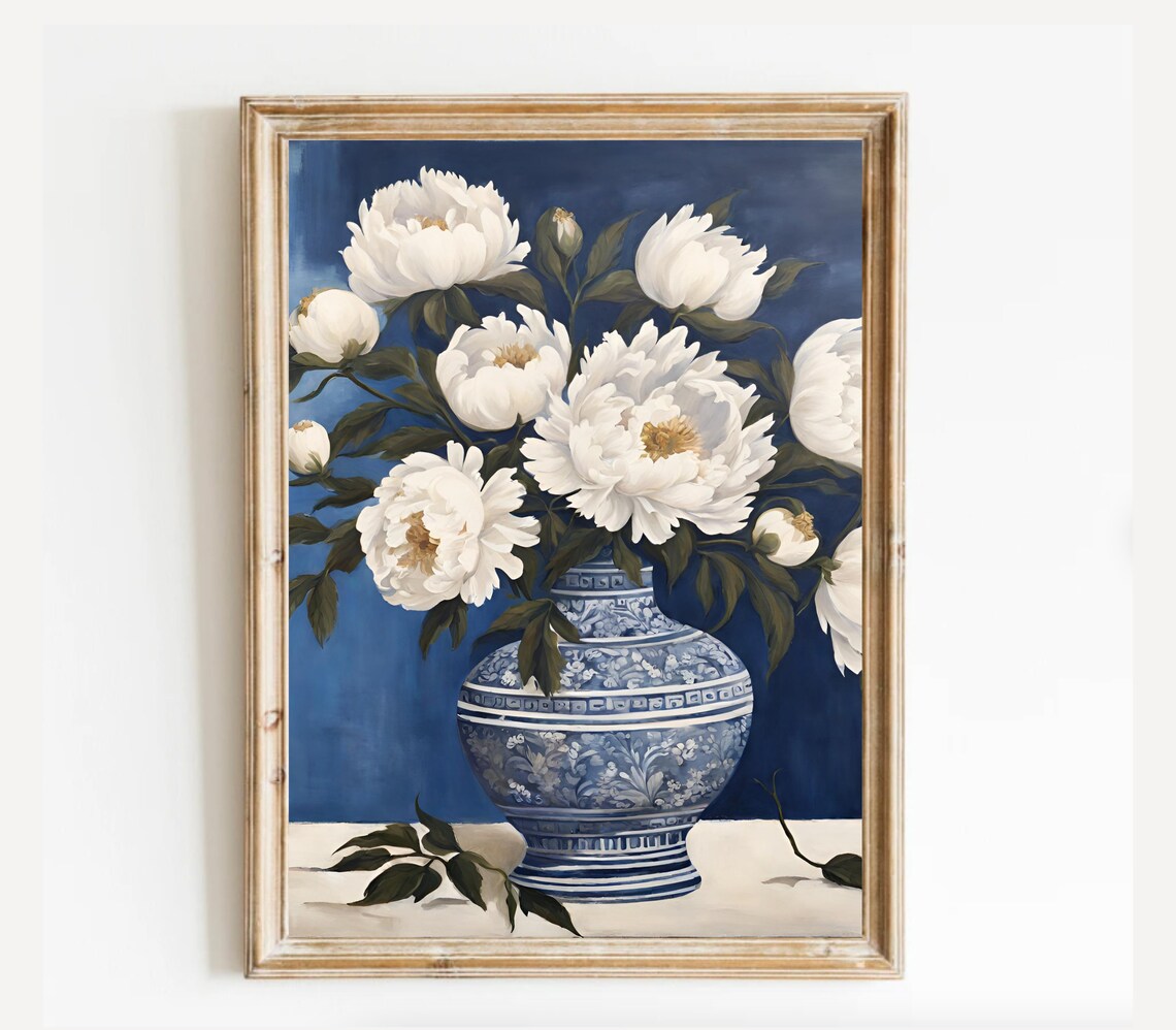 White Peonies In A Chinoiserie Porcelain Vase Against Blue Print