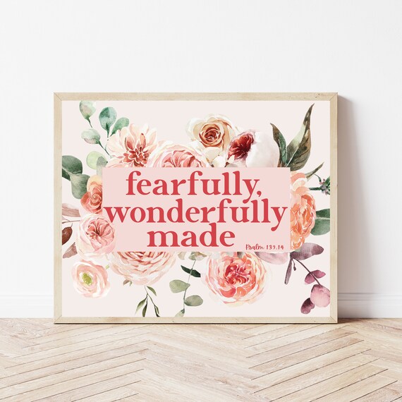 Psalm 13914 Fearfully Wonderfully Made Scripture Nursery Wall Art Boho Bible Verse Print Baby Bedroom Over Crib Floral Christian Sign