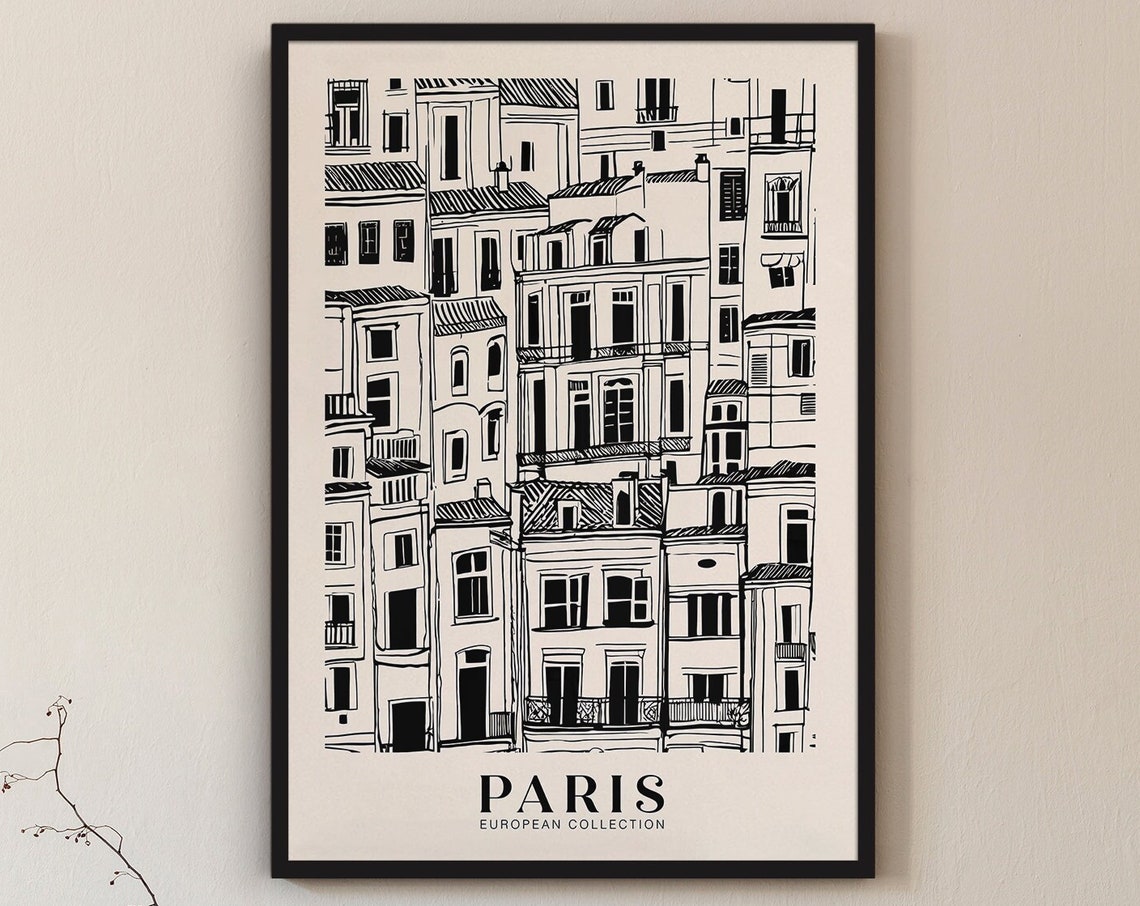 Paris Print Paris Wall Art Travel Poster Black Ink Drawing France Poster Travel Print Paris Art Retro Travel Poster Vintage Poster