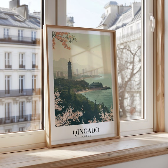 Qingdao Poster China Coastal City Print Pagoda And Ocean View Art Skyline Chinese Landscape Wall Asia Travel