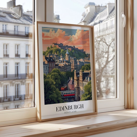 Edinburgh Poster Scotland Travel Art Historic City Print Castle Wall Decor Sunset Over Cityscape