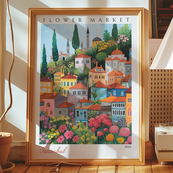 Istanbul Flower Market Poster Colorful Turkish Cityscape Wall Art Print Decor Vibrant Travel