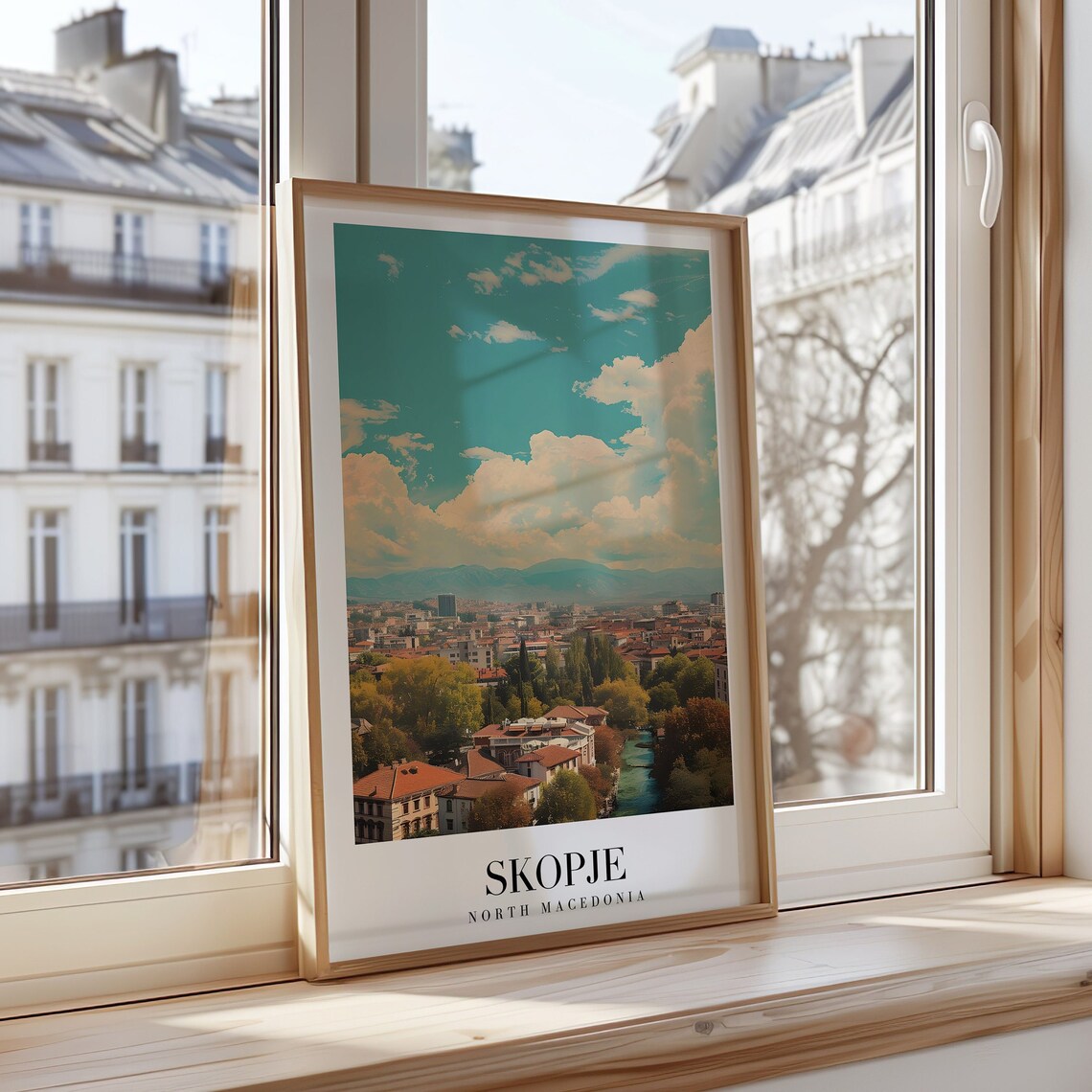 Skopje North Macedonia Vintage Cityscape Dreamy Teal Sky Wall Art