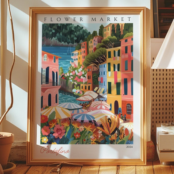 Portofino Flower Market Poster Italian Riviera Wall Art Colorful City Print Italy Travel Postermediterranean Decorcoastal