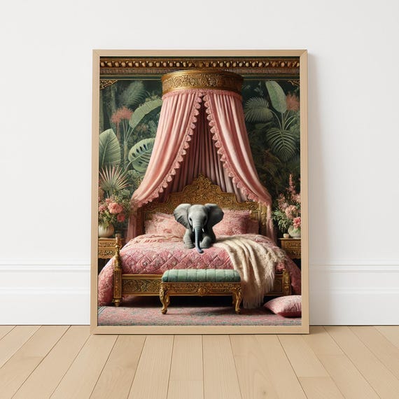 Baby Elephant in Royal Bed, Nursery Decor Art Print