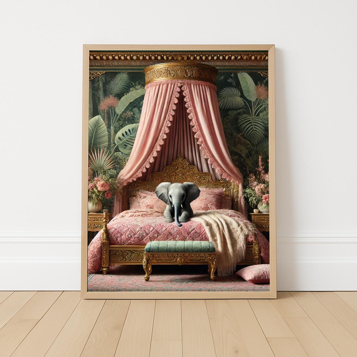 Baby Elephant in Royal Bed, Nursery Decor Art Print