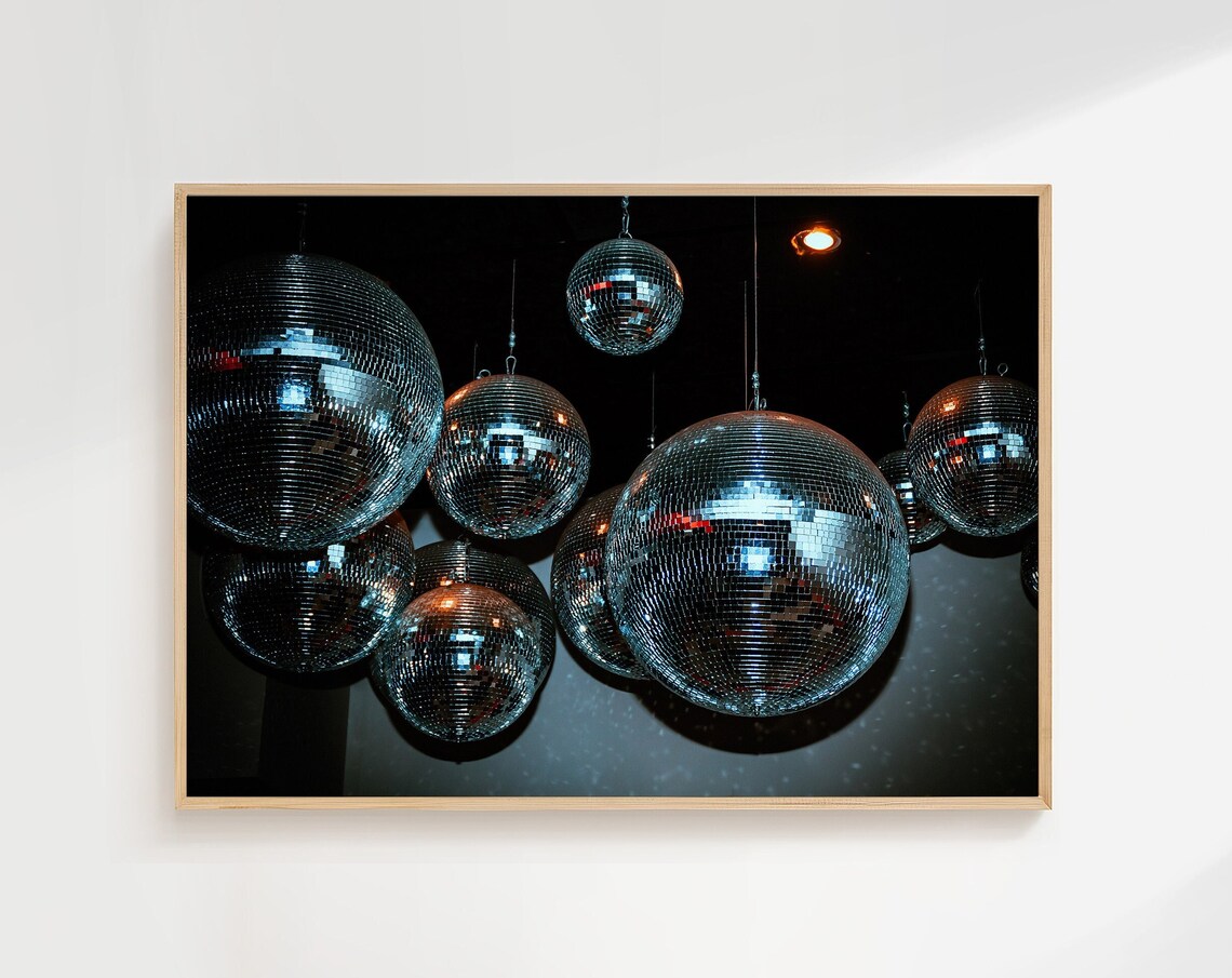 Cluster Of Hanging Silver Disco Balls Dark Night Party Photo Poster