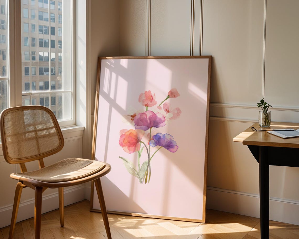 Pink Floral Print Vintage Art Botanical Nature Wall Flower Illustration Soft Colours