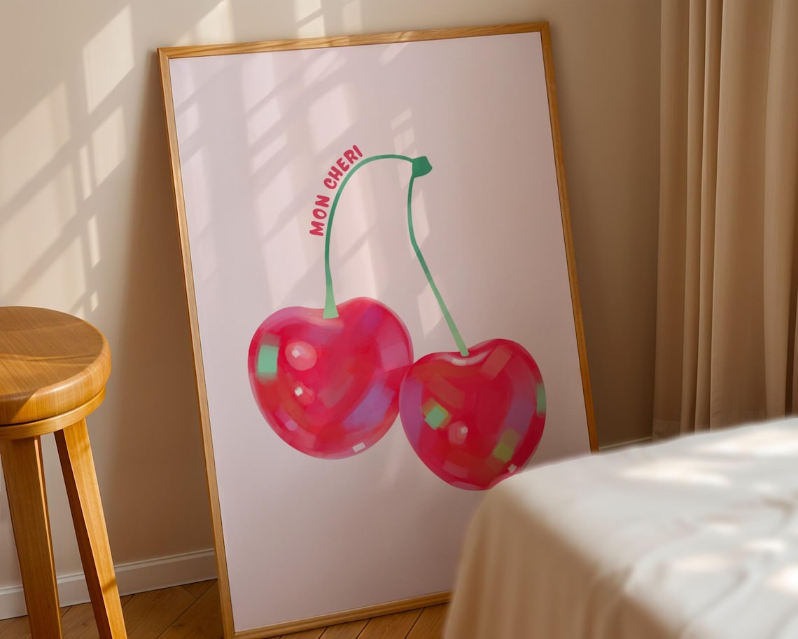 Mon Cheri Quote Illustration Art Print, Pink Cherry