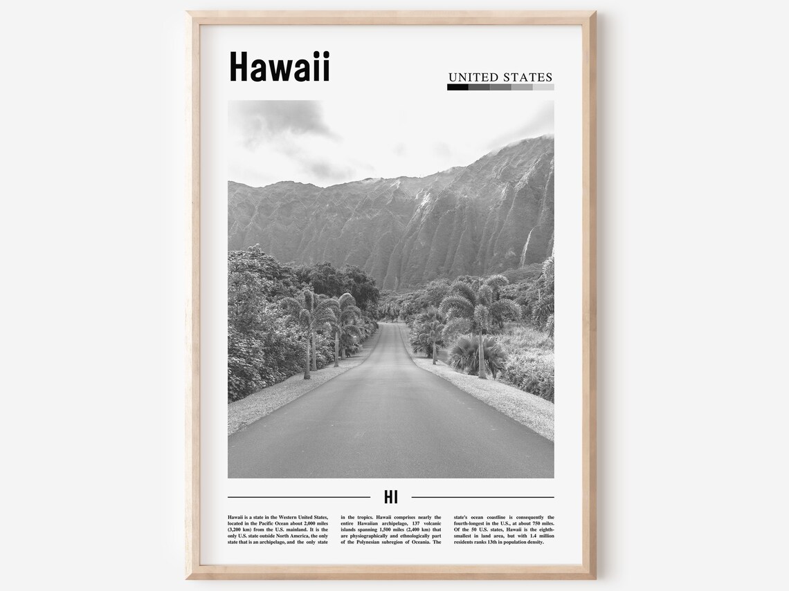 Hawaii Travel Poster, Minimal Black And White