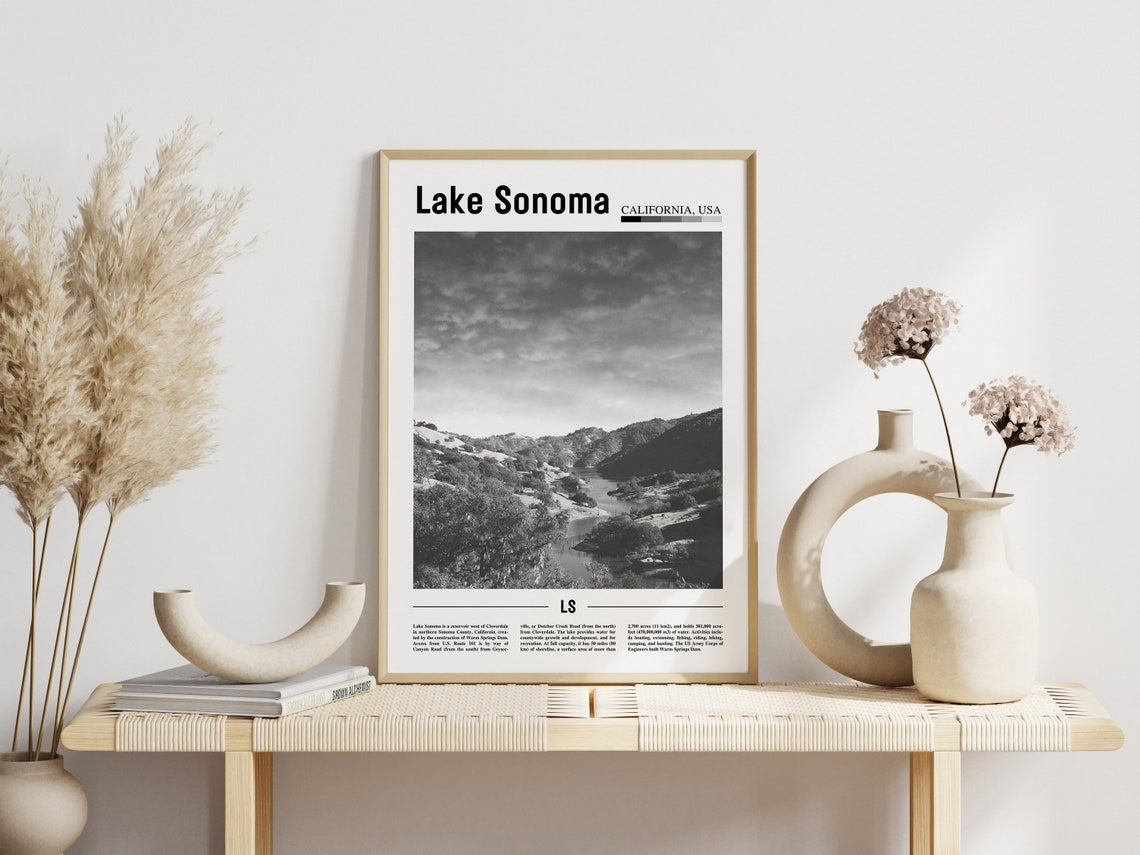 Lake Sonoma Poster Black And White Lake Sonoma Print Black And White Lake Sonoma Wall Art Minimal Travel Print Travel Poster - Image 6