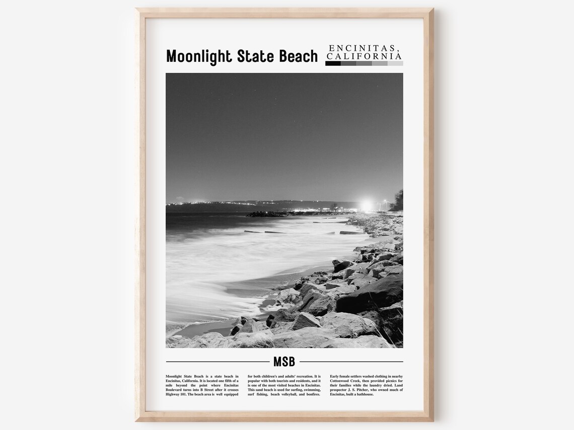 Moonlight State Beach Travel Poster, Black And White