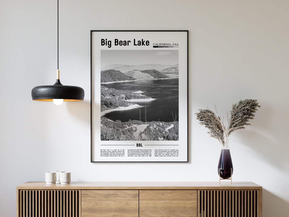 Big Bear Lake Mountain Lake Panorama Black and White Travel Poster - Image 4