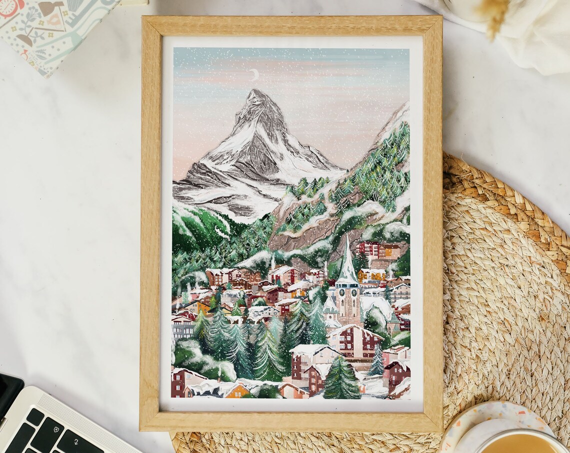 Switzerland Travel Poster, Zermatt Fall Decor
