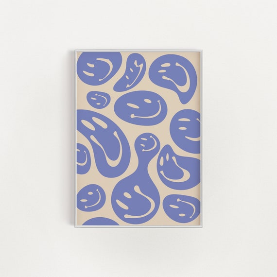 Melted Smiley Print Smiley Face Poster Bleu Purple And Beige Smiley Print Smiley Face Poster Wall Art Retro