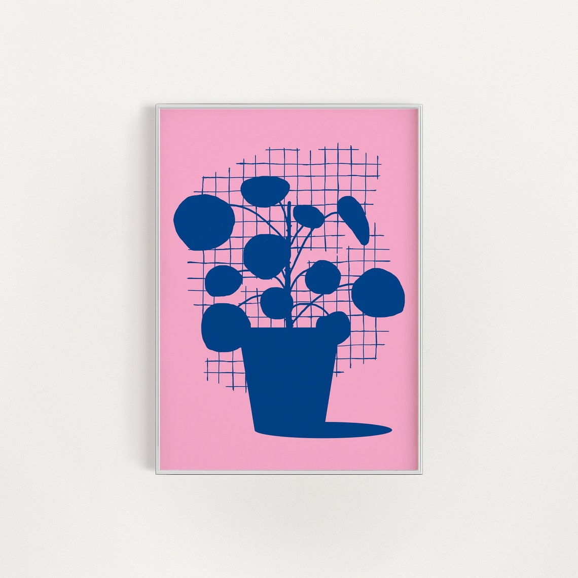 Pilea Money Plant Round Leaves Pink Navy Modern Botanical Art Poster