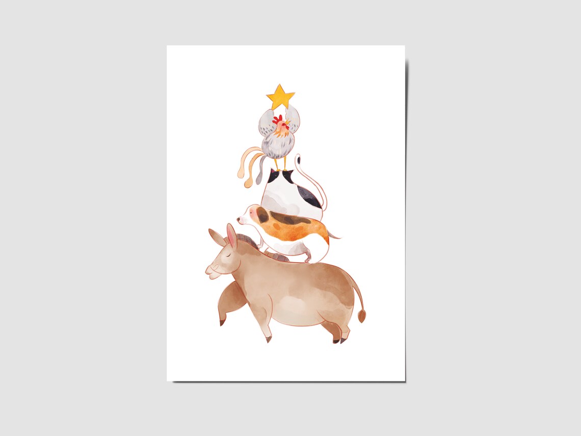 Stacked Animals Bremen Town Musicians Watercolor Christmas Card Print