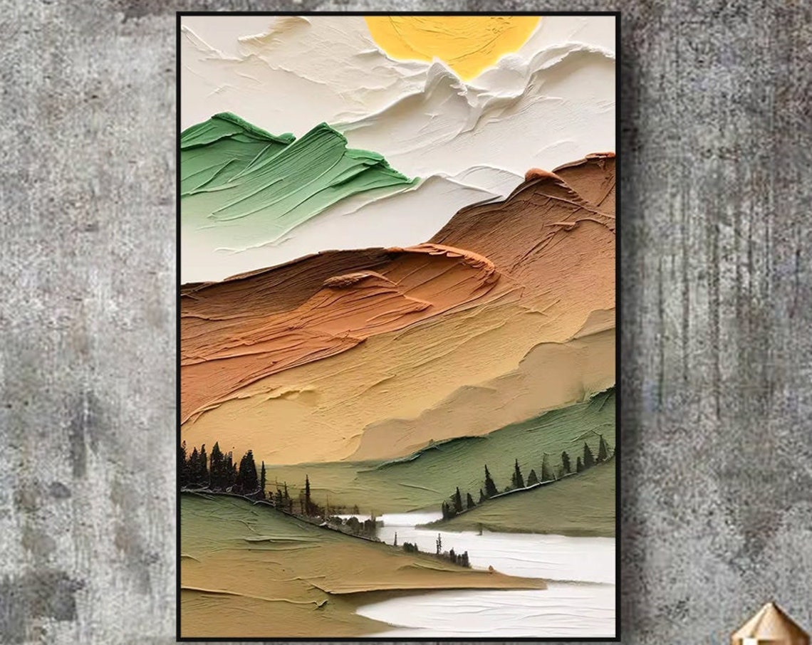 Abstract Layered Mountain Landscape With Lake And Pine Trees Poster