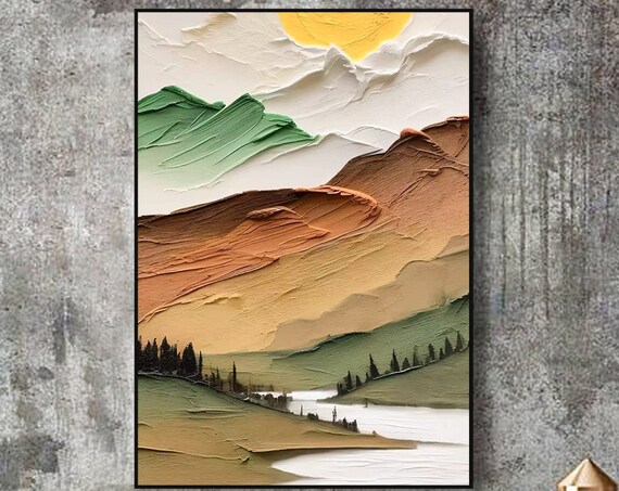 Colorful 3d Textured Landscape Art Vibrant Sunrise Over Mountain Peaks Original Acrylic Painting River Valley Decor Living Room Art