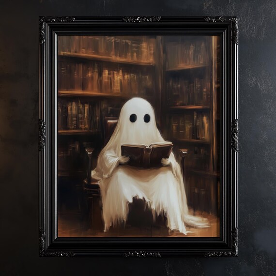 Cute Ghost Reading Book in Cozy Library Dark Academia Poster
