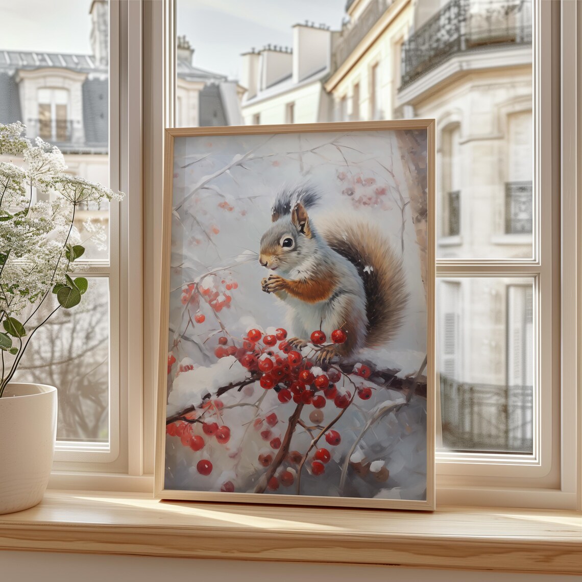 Red Squirrel on a Snowy Branch with Red Berries Painting Poster - Image 2