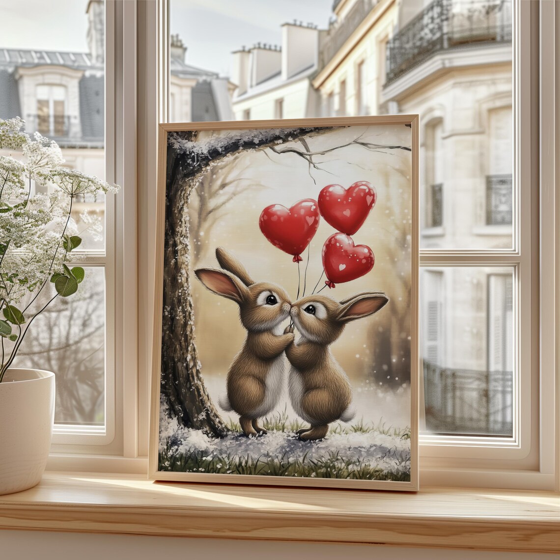 Two Bunnies Kissing with Red Heart Balloons Winter Love Poster - Image 3